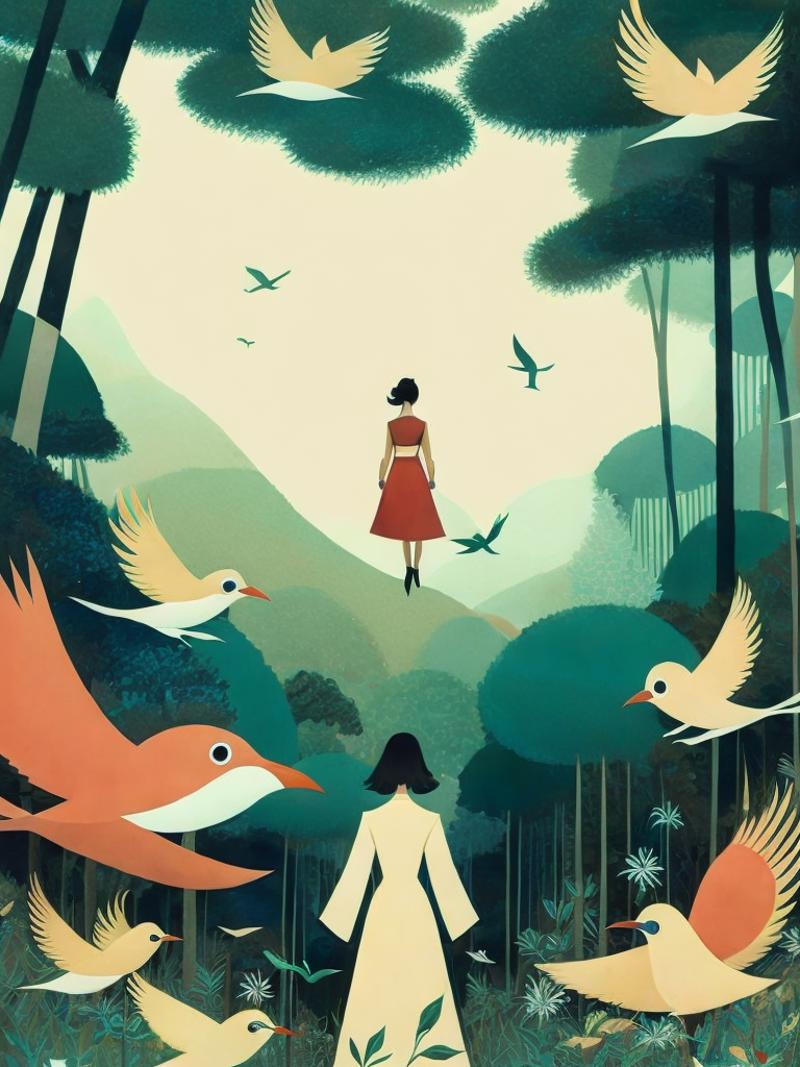 01067-2422051419-a painting of a woman standing in the middle of a forest with birds flying around by Victo Ngai.png